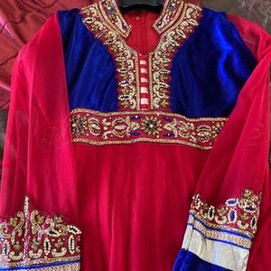 Anarkali Beautiful in Red net/tulle and Royal Blue velvet.